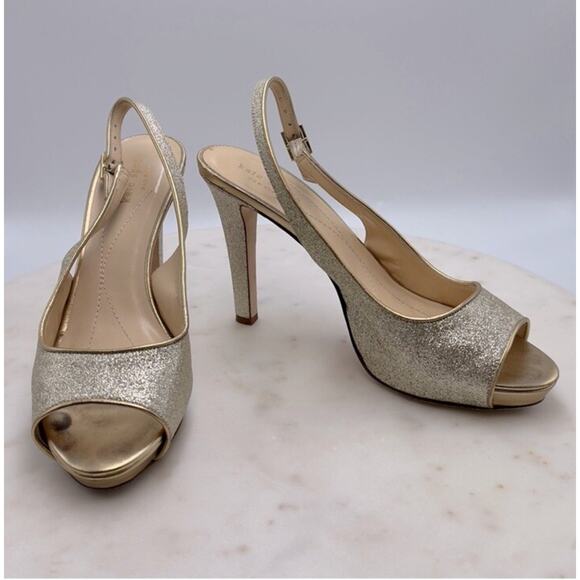 Kate Spade NY Gold Glitter Slingback Pumps 8 Open Toe Holiday Party Heels - Picture 9 of 11